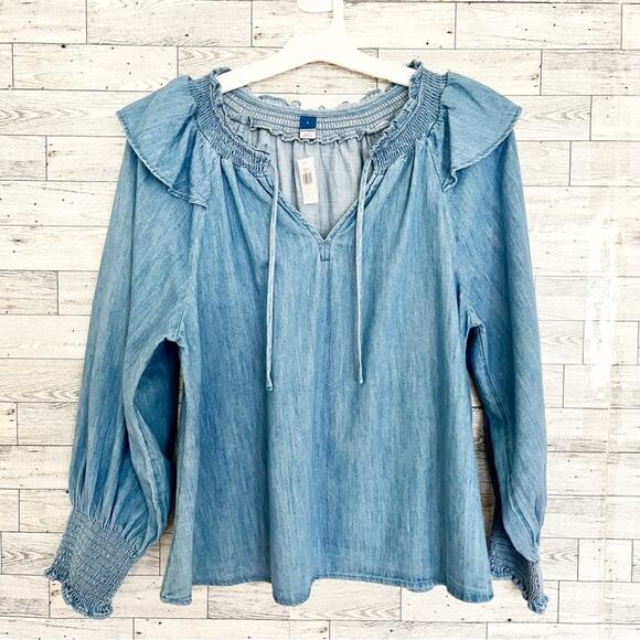OLD NAVY Puff-Sleeve Non-Stretch Jean Ruffle-Trimmed Poet Blouse, L - Picture 4 of 11